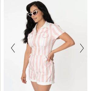 Unique Vintage Pink and White Zip Up Romper